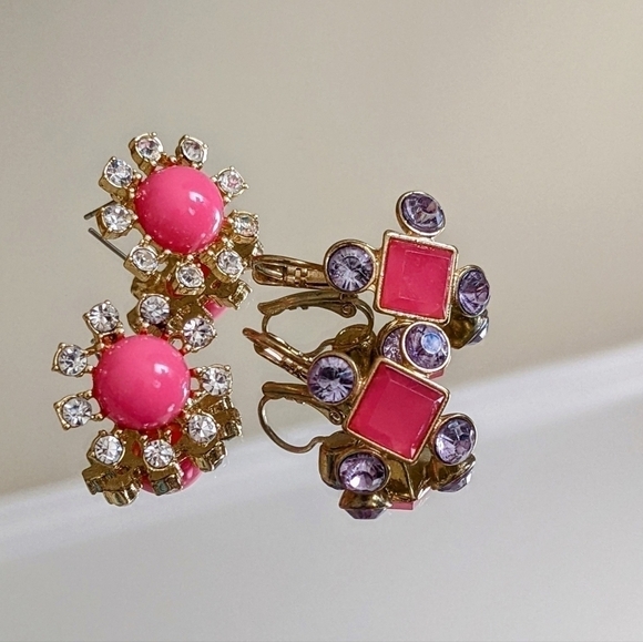 Art Deco Statement Gold Pink & Purple Stud Earring Set by JS - Picture 1 of 5